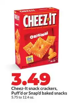 Hy-Vee Cheez-It snack crackers, Puff'd or Snap'd baked snacks offer