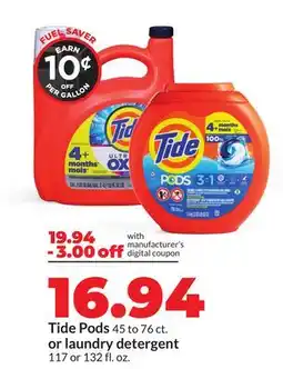 Hy-Vee Tide Pods 45 to 76 ct. or laundry detergent 117 or 132 fl. oz offer