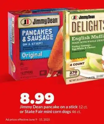 Hy-Vee Jimmy Dean pancake on a stick or State Fair mini corn dogs offer