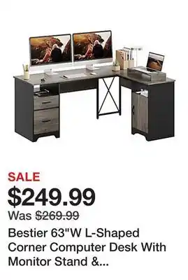 Office Depot Bestier 63W L-Shaped Corner Computer Desk With Monitor Stand & Open Storage, Gray offer