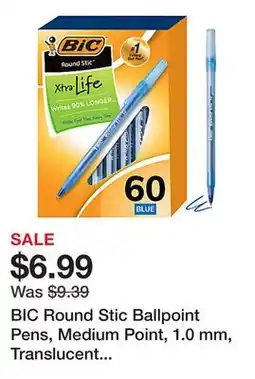 Office Depot BIC Round Stic Ballpoint Pens, Medium Point, 1.0 mm, Translucent Barrel, Blue Ink, Box Of 60 offer