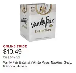 Costco Vanity Fair Entertain White Paper Napkins, 3-ply, 60-count, 4-pack offer