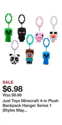 Game Stop Just Toys Minecraft 4-in Plush Backpack Hanger Series 1 (Styles May Vary) offer