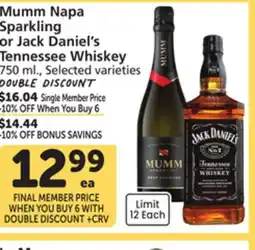 Vons Mumm Napa Sparkling or Jack Daniel's Tennessee Whiskey offer