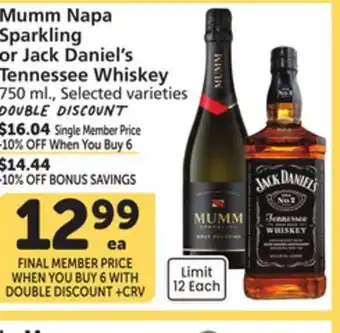 Vons Mumm Napa Sparkling or Jack Daniel's Tennessee Whiskey offer