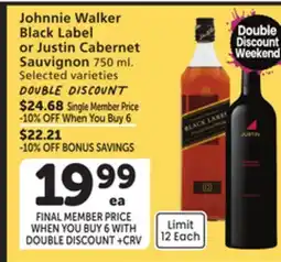 Vons Johnnie Walker Black Label or Justin Cabernet Sauvignon offer