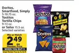 Vons Doritos, Smartfood, Simply 5-10.75 oz. Tostitos Tortilla Chips 9-13 oz. or Salsa 15.5 oz offer