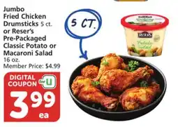 Vons Jumbo Fried Chicken Drumsticks 5 ct. or Reser's Pre-Packaged Classic Potato or Macaroni Salad 16 oz offer