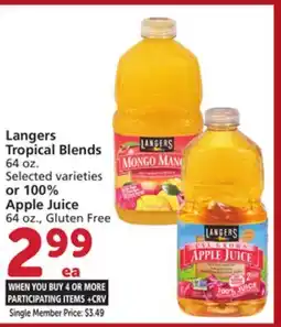 Vons Langers Tropical Blends 64 oz. Selected varieties or 100% Apple Juice 64 oz., Gluten Free offer