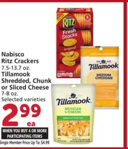 Vons Nabisco Ritz Crackers 7.5-13.7 oz. Tillamook Shredded, Chunk or Sliced Cheese 7-8 oz offer