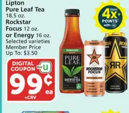 Vons Lipton Pure Leaf Tea 18.5 oz. Rockstar Focus 12 oz. or Energy 16 oz offer