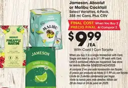 Ralphs Jameson, Absolut or Malibu Cocktail offer