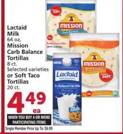 Albertsons Lactaid Milk, 64 oz., Mission Carb Balance Tortillas, 8 ct. or Soft Taco Tortillas, 20 ct offer