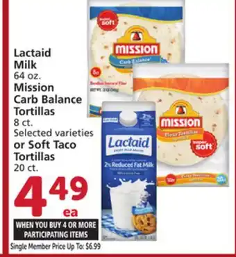 Albertsons Lactaid Milk, 64 oz., Mission Carb Balance Tortillas, 8 ct. or Soft Taco Tortillas, 20 ct offer
