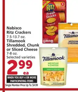 Albertsons Nabisco Ritz Crackers 7.5-13.7 oz., Tillamook Shredded, Chunk or Sliced Cheese 7-8 oz offer