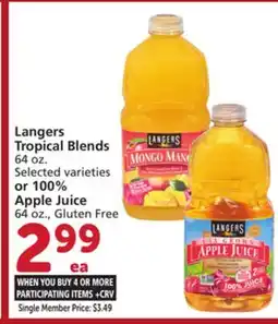 Albertsons Langers Tropical Blends 64 oz. or 100% Apple Juice 64 oz., Gluten Free offer