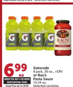 Albertsons Gatorade 8 pack, 20 oz., + CRV or Rao's Pasta Sauce 15-24 oz offer