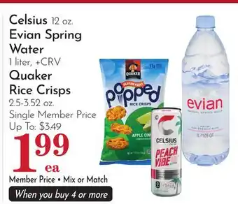 Pavilions Celsius 12 oz. Evian Spring Water 1 liter, Quaker Rice Crisps 2.5-3.52 oz offer