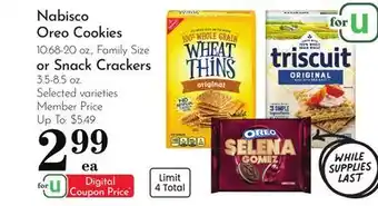 Pavilions Nabisco Oreo Cookies, 10.68-20 oz., Family Size or Snack Crackers, 3.5-8.5 oz offer
