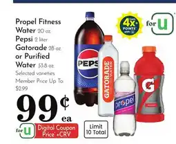 Pavilions Propel Fitness Water, 20 oz., Pepsi 2 liter, Gatorade, 28 oz. or Purified Water, 33.8 oz offer
