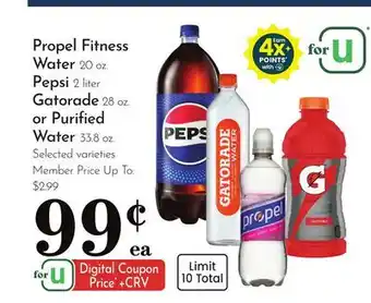 Pavilions Propel Fitness Water, 20 oz., Pepsi 2 liter, Gatorade, 28 oz. or Purified Water, 33.8 oz offer