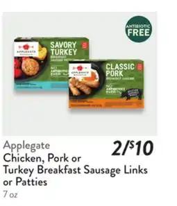 Fresh Thyme Applegate Chicken, Pork or Turkey Breakfast Sausage Links or Patties offer