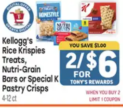 Tony’s Fresh Market Kellogg's Rice Krispies Treats, Nutri-Grain Bars or Special K Pastry Crisps offer
