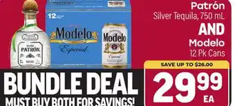 Tony’s Fresh Market Patrón Silver Tequila, 750 mL AND Modelo 12 Pk Cans offer