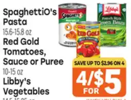 Tony’s Fresh Market SpaghettiO's Pasta 15.6-15.8 oz, Red Gold Tomatoes, Sauce or Puree 10-15 oz Libby's Vegetables offer