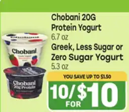 Tony’s Fresh Market Chobani 20G Protein Yogurt 6.7 oz Greek, Less Sugar or Zero Sugar Yogurt 5.3 oz offer