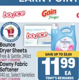 Tony’s Fresh Market Bounce Dryer Sheets or Downy Fabric Softener offer