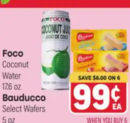 Tony’s Fresh Market Foco Coconut Water 17.6 oz Bauducco Select Wafers 5 oz offer