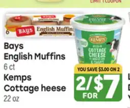 Tony’s Fresh Market Bays English Muffins 6 ct, Kemps Cottage Cheese 22 oz offer
