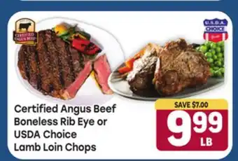Tony’s Fresh Market Certified Angus Beef Boneless Rib Eye or USDA Choice Lamb Loin Chops offer