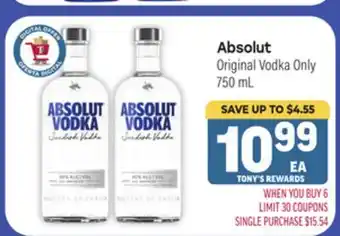 Tony’s Fresh Market Absolut Original Vodka offer