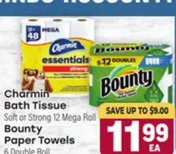Tony’s Fresh Market Charmin Bath Tissue Soft or Strong 12 Mega Roll, Bounty Paper Towels Paper Towels 6 Double Roll offer
