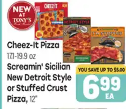 Tony’s Fresh Market Cheez-It Pizza 17.1-19.9 oz, Screamin' Sicilian New Detroit Style or Stuffed Crust Pizza, 12 offer