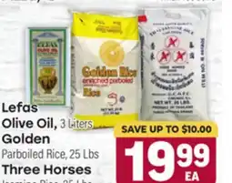 Tony’s Fresh Market Lefas Olive Oil, 3 Liters Golden, Parboiled Rice, 25 Lbs Three Horses, Jasmine Rice, 25 Lbs offer