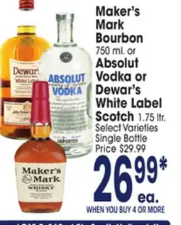 Jewel-Osco Maker's Mark Bourbon 750 ml. or Absolut Vodka or Dewar's White Label Scotch 1.75 ltr offer