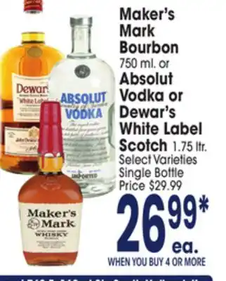 Jewel-Osco Maker's Mark Bourbon 750 ml. or Absolut Vodka or Dewar's White Label Scotch 1.75 ltr offer