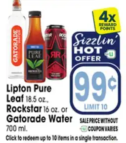 Jewel-Osco Lipton Pure Leaf 18.5 oz., Rockstar 16 oz. or Gatorade Water 700 ml offer
