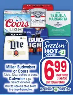 Jewel-Osco Miller, Budweiser or Coors 12pk., 12oz. bottles or cans, Cutwater 4 pk offer