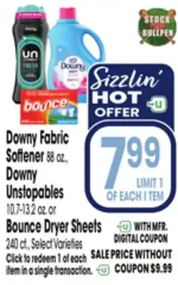 Jewel-Osco Downy Fabric Softener 88 oz., Downy Unstopables 10.7-13.2 oz. or Bounce Dryer Sheets 240 ct offer