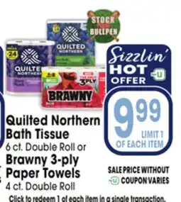 Jewel-Osco Quilted Northern Bath Tissue 6 ct. Double Roll or Brawny 3-ply Paper Towels 4 ct. Double Roll offer