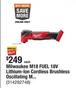 The Home Depot Milwaukee M18 FUEL 18V Lithium-Ion Cordless Brushless Oscillating Multi-Tool (Tool-Only) offer