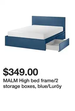 Ikea MALM High bed frame/2 storage boxes, blue/Luröy offer