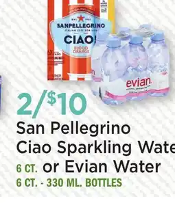 Heinen's San Pellegrino Ciao Sparkling Water 6 CT. or Evian Water 6 CT. - 330 ML. BOTTLES offer
