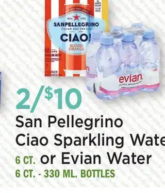Heinen's San Pellegrino Ciao Sparkling Water 6 CT. or Evian Water 6 CT. - 330 ML. BOTTLES offer