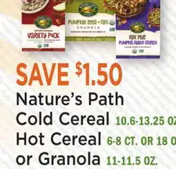 Heinen's Nature's Path Cold Cereal 10.6-13.25 OZ., Hot Cereal 6-8 CT. OR 18 OZ. or Granola 11-11.5 OZ offer