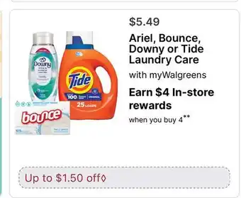 Walgreens Ariel, Bounce, Downy or Tide Laundry Care offer